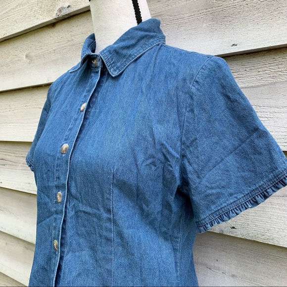 True Vintage 70s Blue Cotton Denim Ruffled Trim Button Down Short Sleeve Blouse - Picture 5 of 16
